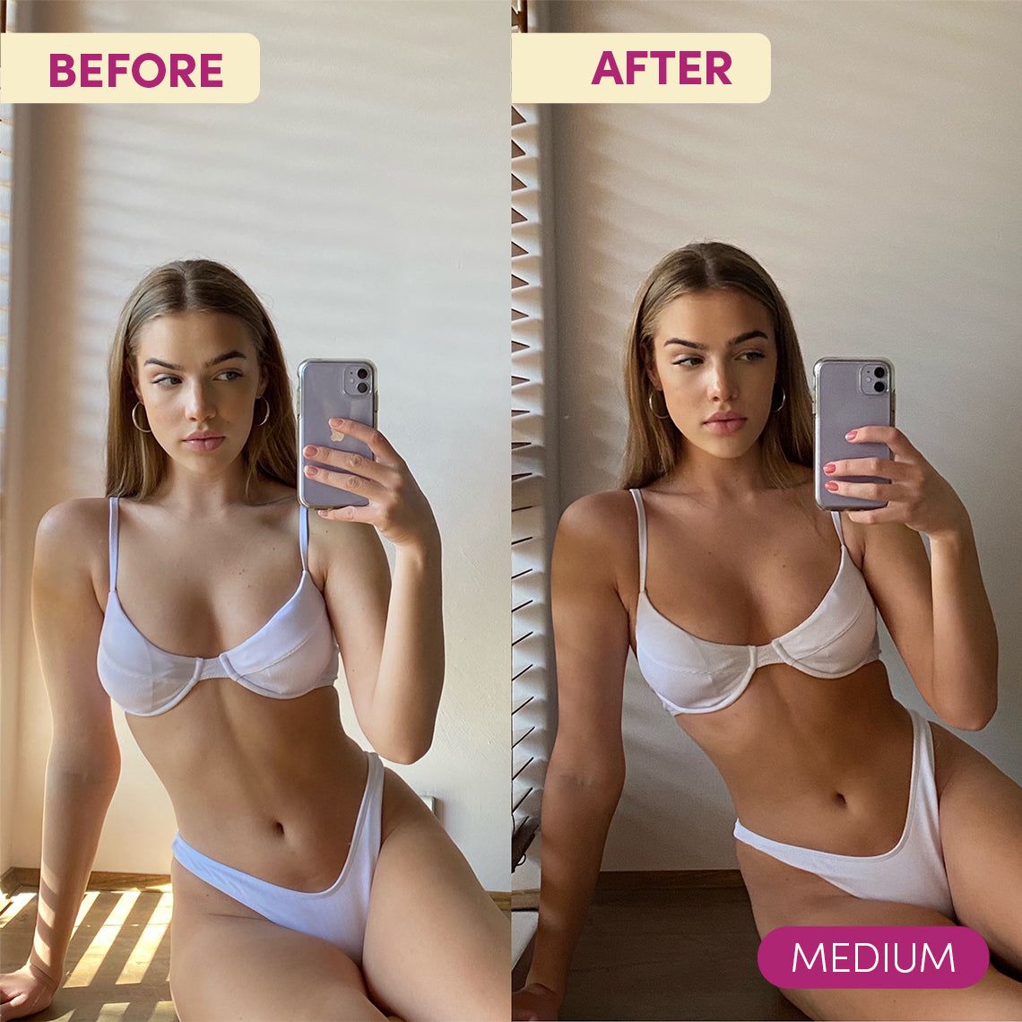 A full-body before and after example of using the master tan set